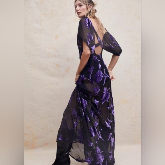 Free People Dahlia Maxi Dress Velvet Mesh Purple - Picture 3 of 8